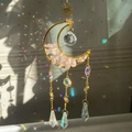 Golden moon suncatcher with pink crystal stones and faceted rainbow prisms - 8cm Quicksand Moon / Rose Quartz