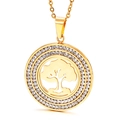 Gold plated titanium steel tree of life pendant necklace with sparkling double crystal rings - Gold Hollow Tree of Life Double Row Rhinestone Pendant (KP44578-K)