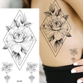 Sketch style black and white peony flower tattoo sticker with geometric diamond frame - Pattern BK-039