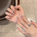 French cat eye press-on nails in blue glitter with rhinestones on long trapezoid shape - Extra Small (XS) / Short Coffin (2290)