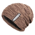 Men's winter knit beanie in coffee brown with thick black fleece lining for warmth - M (56-58cm) / Letter Khaki