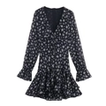 Floral print long sleeve V-neck dress with ruffled hem and layered tiered skirt - XS / Black With White Flowers