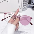 Pink gradient round anti-blue light glasses with slim silver metal temples for women - Photochromic Pink / Gradient Purple Silver Frame