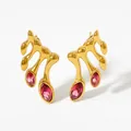 Vintage geometric gold steel studs with branch design and marquise pink zircons - Gold/Red