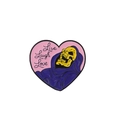 Pink heart-shaped enamel pin featuring yellow skull and Live Laugh Love text on white background - Xz1509