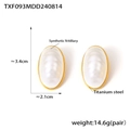 Oval white mother-of-pearl earrings with golden titanium steel frame for women - Earrings / Gold