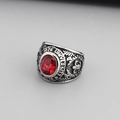 Vintage silver-tone university ring with oval red gemstone and eagle crest details - Red University 1876 Style (KR45100-K)