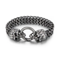 Vintage punk double skull bracelet with braided titanium steel chain and oxidized finish - 21cm / Matte Black