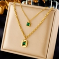 Golden double-layer titanium steel necklace featuring emerald green square pendants - Double Layer Green Square Style (N2468)
