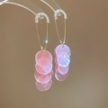 Golden paperclip earrings with pink shell discs and sparkling rhinestones on mirror surface - Safety Pin Style - Pink