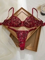 Gros plan détaillé sur un ensemble de lingerie en dentelle rouge avec broderie dorée - Bordeaux