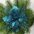 Fleur de Noël poinsettia bleue scintillante avec paillettes pour décoration de sapin - Bleu Lac
