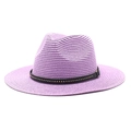 Close-up of a lavender woven fedora straw hat featuring a studded black decorative band - Taro Purple