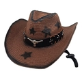 Brown western straw cowboy hat with metallic bull head and black star patterns - M (56-58cm) / Coffee