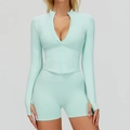 Ensemble veste de yoga vert menthe avec zip, texture côtelée et détails passe-pouce - Vert menthe