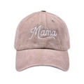 Close-up of white Mama script embroidery on washed cotton vintage baseball cap - Khaki (Mama Embroidery)