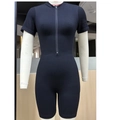 Front detail of black seamless ribbed knit bodysuit with zipper closure and stand collar - Black