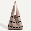 Beige knitted tote bag with black heart patterns and chunky texture for women - Khaki with Black Heart - Three Rows