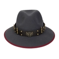 Dark grey fedora hat with red trim, leather band and bull head metal accessories - M (56-58cm) / Gray (91 Series Dual Guns Wings Badge Decor)