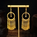 Ethnic peacock-style gold earrings with bell tassels and bohemian leaf charms - E4527-2 Ethnic Vintage Bright Gold