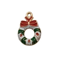 Christmas wreath pendant with red bow and green leaves in gold-tone metal finish - Green Christmas Wreath