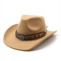 Camel western cowboy hat in wool felt with leather band and star rivets on white background - M(56-58cm) / Camel