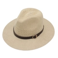 Klassischer cremefarbener Strohhut im Fedora-Stil mit schmalem braunem Lederband Dekor - Beige