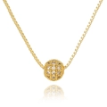 Close-up of golden box chain necklace with a spherical pendant paved in sparkling zircons - White