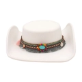 White wool felt cowboy hat with bohemian ethnic beaded band and tassel accents - White (Ethnic Style)
