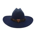 Navy blue felt cowboy hat featuring a wide brim and decorative leopard print band with bronze leopard head - One Size / Navy Blue