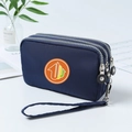 Dark blue triple-zipper denim clutch with wrist strap for phone and cosmetics - Medium / Navy Blue (Yellow Label)