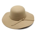 Detailed view of khaki wool felt fedora with matching ribbon trim and elegant side knot - Camel
