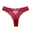 Red lace thong for women featuring a heart-shaped metal buckle on a sheer mesh fabric - Red