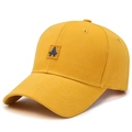 Bright yellow cotton baseball cap with dark blue embroidered letter A in a 45-degree view - Yellow