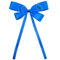 Detailed view of glossy blue satin ribbon hair clip with long elegant streamers - Sapphire Blue