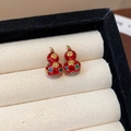 New Chinese style red gourd stud earrings with golden pattern in a jewelry box - Red Enamel Gold Pattern Gourd (33# Silver Needle-Red-Real Gold Plating)