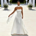 Elegant white strapless satin maxi dress with matching neck scarf for formal occasions - S / White