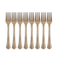 Set of eight elegant gold disposable plastic forks with stylish ribbed handle design - Gold Disposable Forks