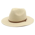 Detailed view of summer straw panama hat with brown leather band and gold buckle - M (56-58cm) / Beige