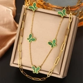 Double-layered 18K gold butterfly necklace featuring green pendants on paperclip chain - Gold N-71 (Green Texture Paperclip Chain)