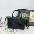 Woven leather tote bag in black and green with gold hardware and crossbody strap - Black and Green