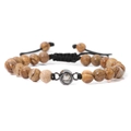 Brown natural stone beaded bracelet with black woven rope and metal projection charm - Jasper