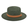 Detail of dark green straw boater hat featuring fine weave and brown leather trim - M (56-58cm) / Dark Green
