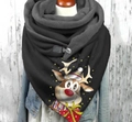 Detail of Christmas reindeer print on a thick black scarf with soft grey fleece lining - 150*75cm / Black Colorful Reindeer (Image 12)
