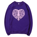 Deep purple fleece hoodie featuring a pink heart skeleton print in a medium size M - S / Tops / Purple (Pink Heart Ribs)