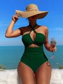 Detail of ruched dark green halter swimsuit with front cut-out and tie-neck design - S / Green