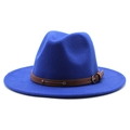 Close-up of royal blue fedora hat with brown leather belt and metal buckle detail - Sapphire Blue
