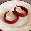 Macro shot of red textured circular earrings with faux snakeskin finish on a ceramic plate - Textured Surface Style (18#)