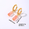 Elegant gold hoop earrings with pink translucent resin column charms 3.5cm long - Pink - Three Beads