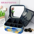 Portable makeup case with LED mirror in blue yellow and green geometric diamond pattern - Patchwork Blue [LED Light]